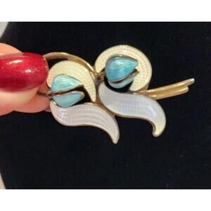 Vtg Norway Aksel Holmsen Signed Sterling Silver Enamel Lily Valley Flower Brooch